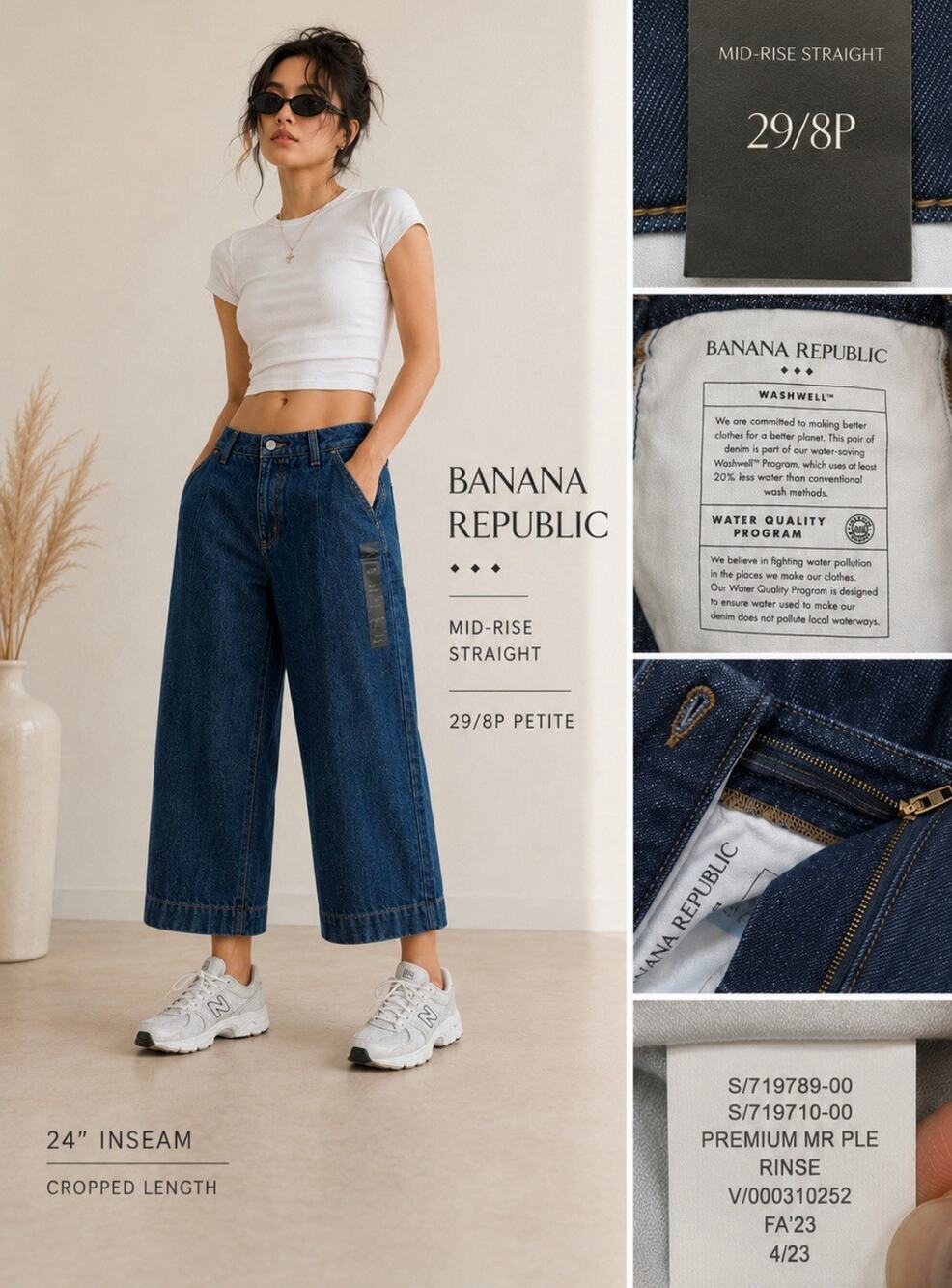 NWT Indie Banana Republic Mid Rise Wide Leg Cropped Jeans 8P Dark Wash Indigo